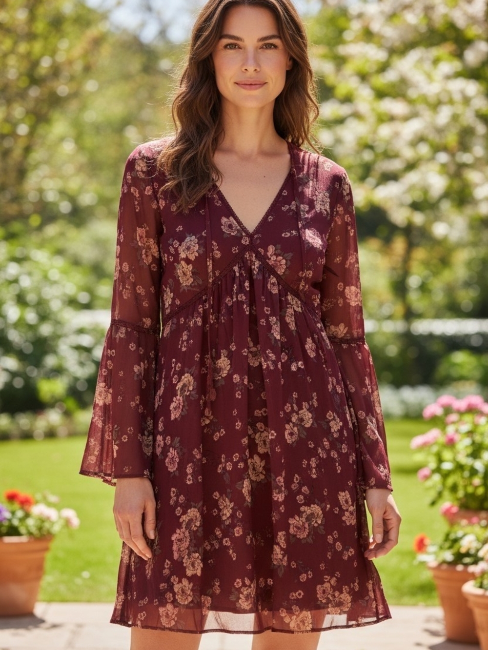 Women's Burgundy Floral V-Neck Long Sleeve Babydoll Dress